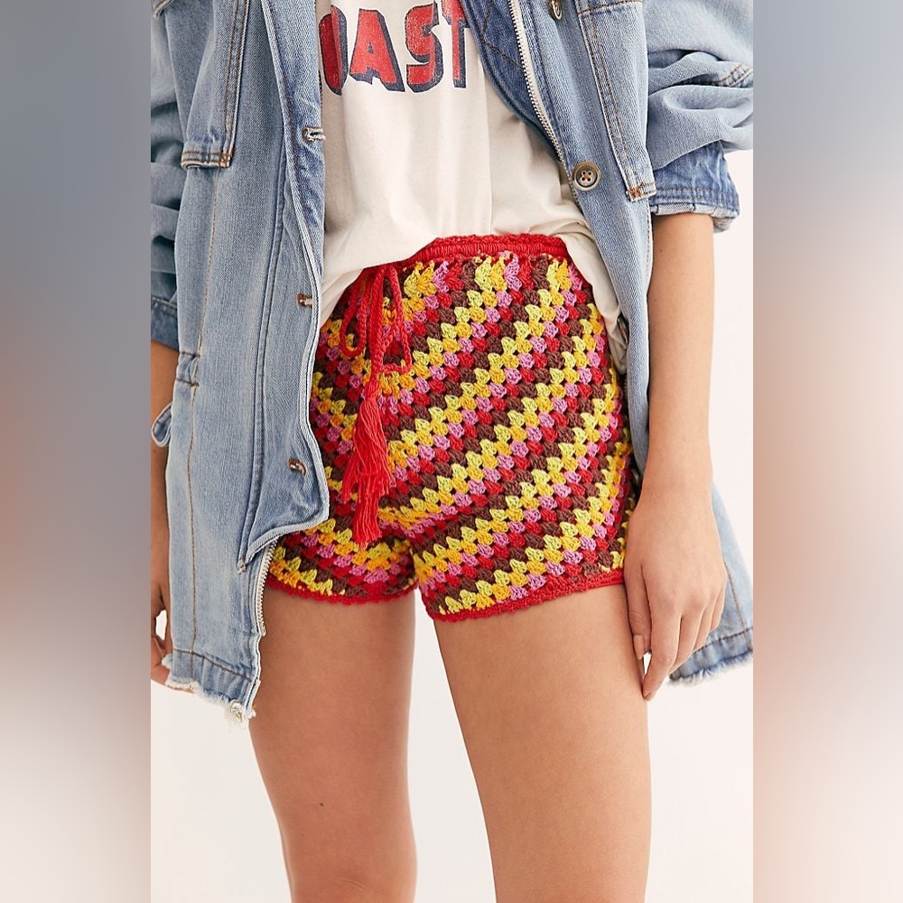 Free People Stitch the Sun Crochet Festival Shorts Bohemian Boho size L